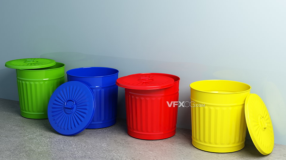 分类回收红绿蓝黄四种颜色三维垃圾桶MAX模型