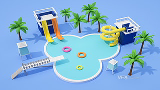 C4D建模卡通六一儿童节旅行景点夏日游泳池模型