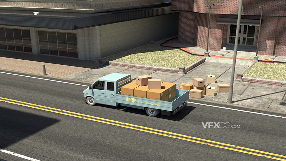 C4D建模三维停在公路旁搬家拉货物皮卡货车3D工程
