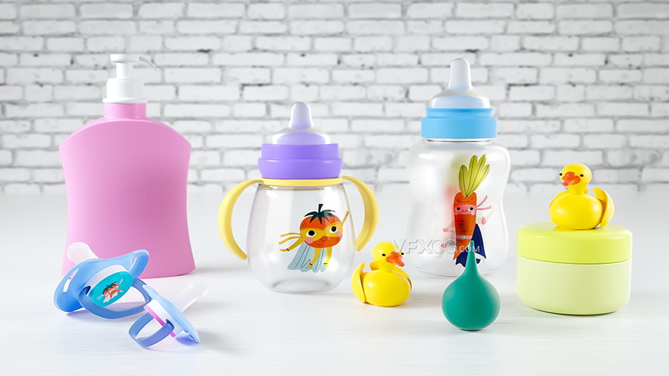 C4D制作婴儿透明塑料奶瓶玩具小黄鸭用品模型