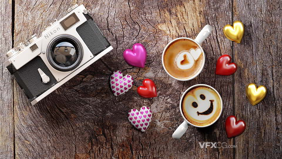 浪漫爱情旅行桌子上摄影机与卡通爱心咖啡MAX工程