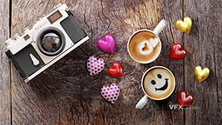 浪漫爱情旅行桌子上摄影机与卡通爱心咖啡MAX工程