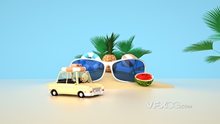 卡通夏日风格海报沙滩户外小汽车3D物品C4D工程