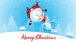 背景视频素材蓝色雪花松树背景圣诞老人被悬挂空中招手示好