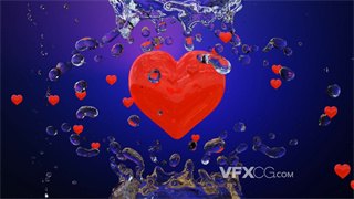 背景视频素材蓝紫色背景水珠环绕液体爱心迸射mini心形