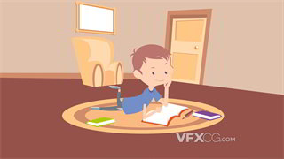 背景视频素材卡通人物小男孩趴在房间地毯上看书4K分辨率