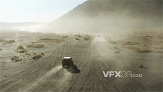 实拍视频车队各自拉开间隔沙土飞扬穿越无人荒凉山川4K分辨率