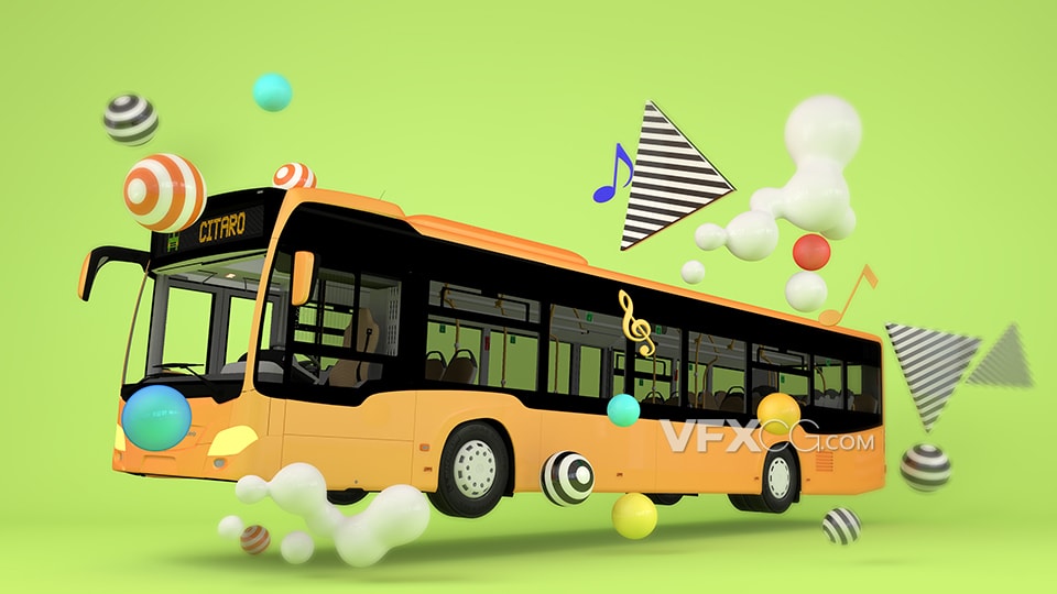 卡通风漂浮加长公交车几何创意3D物品C4D工程