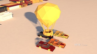 低面体卡通动漫汽车与黄色悬浮热气球C4D工程