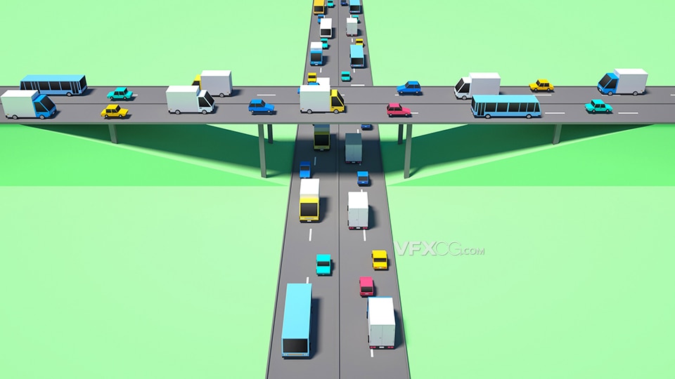C4D建模卡通立交桥梁三维汽车公路交通3D工程