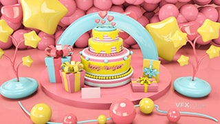 C4D制作卡通3D六一儿童节三层生日蛋糕礼物模型