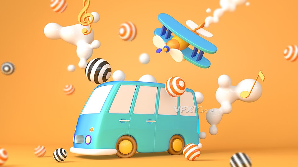 彩色卡通儿童节3D物品装饰小巴士车C4D三维模型