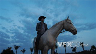 实拍视频男子身着牛仔服装帅气骑上肥硕白马眺望远方