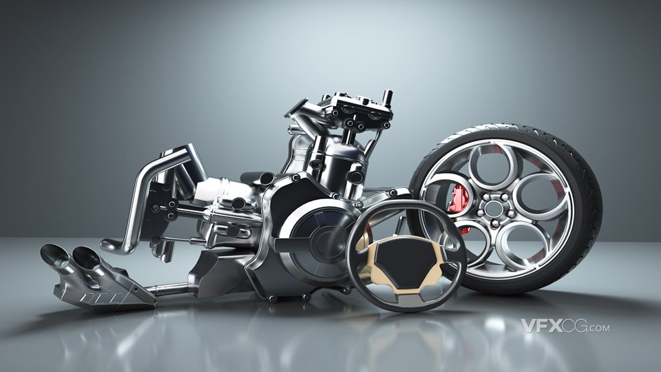 C4D建模3D汽车轮胎与发动机零件3D工程