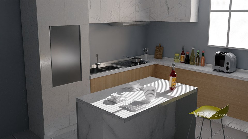C4D现代厨房设计室内家具部署展示3D工程