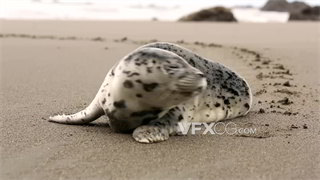 实拍视频海洋哺乳动物海豹爬上沙滩特写