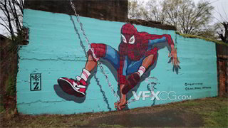 实拍视频运镜拍摄涂鸦墙上蜘蛛侠卡通图案4K分辨率