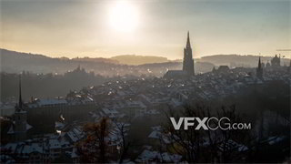 实拍视频延时全景拍摄冬季雪天城市晨昏到日暮