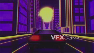 VJ视频素材复古风格汽车行驶于霓虹城市4K分辨率