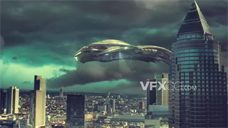 背景视频素材科幻电影制作宇宙飞船盘旋城市上空