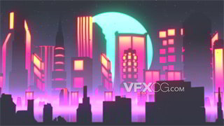 VJ视频素材城市建筑由暗至明霓虹照射