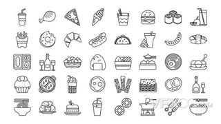 40个手绘线条美食快餐饮品动画图标元素视频AE模板