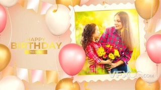 气球缓缓升起金色碎片撒下庆祝儿童生日快乐宣传视频相册AE模板