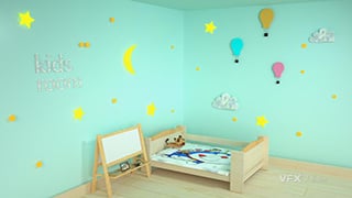 C4D制作卡通五角星彩色墙壁纸儿童房室内3D模型