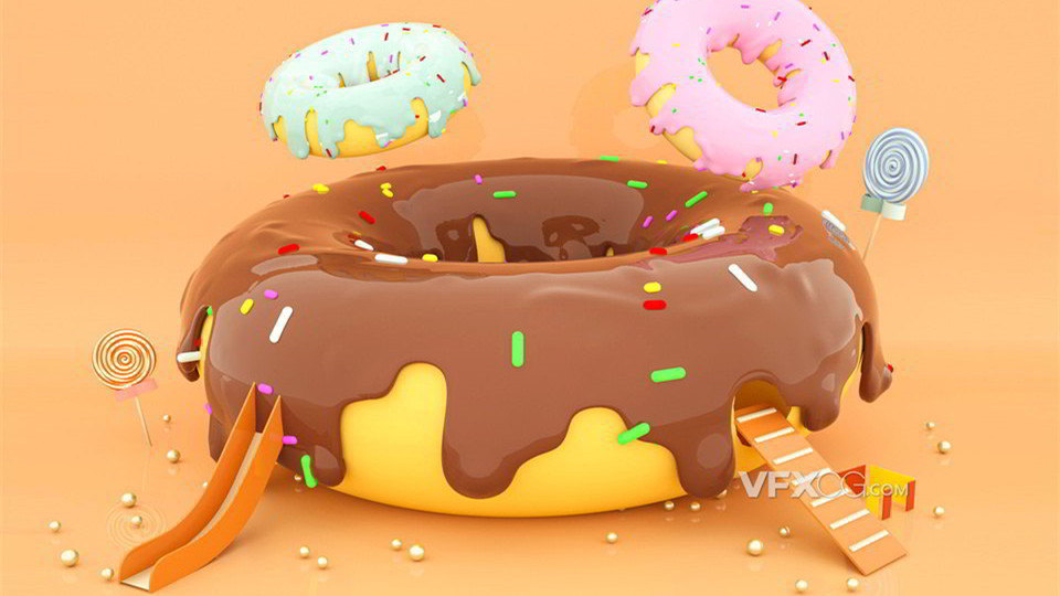 C4D制作卡通巨型甜甜圈梦幻创意背景模型
