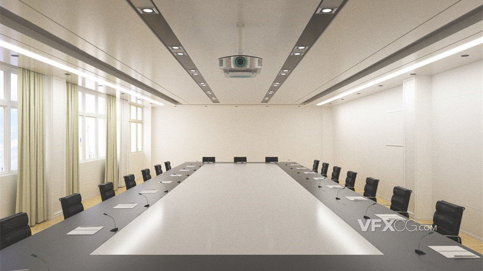 C4D建模多人长桌商务大会议室场景模型