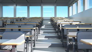 C4D建模阳光明媚阶梯式连桌教室场景