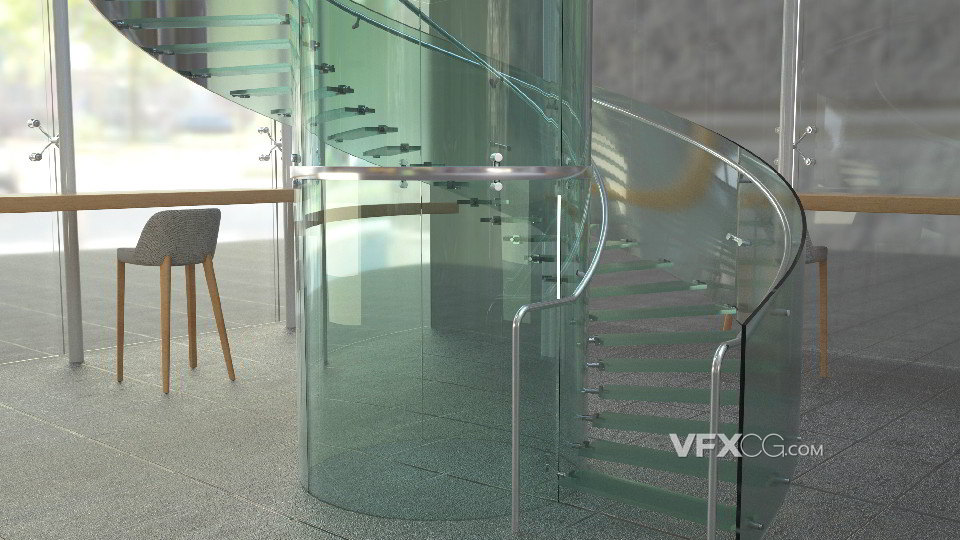 C4D制作透明玻璃旋转楼梯室内设计模型
