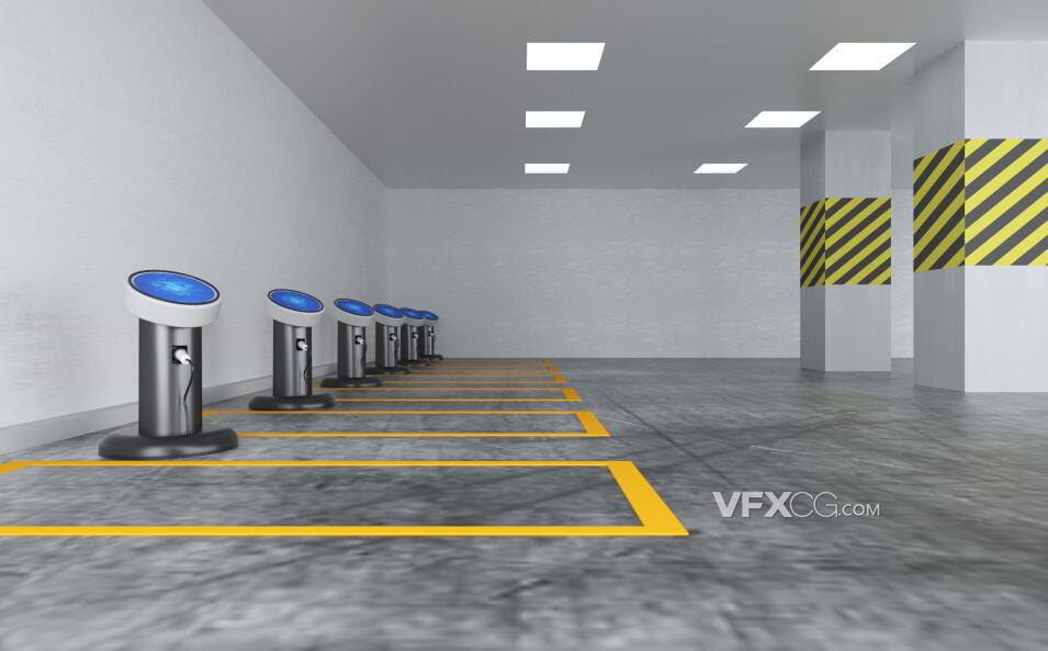 C4D制作新能源科技智能充电桩停车场模型