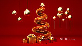 C4D制作喜庆创意奢华红金弹簧圣诞树场景模型