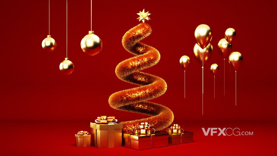 C4D制作喜庆创意奢华红金弹簧圣诞树场景模型