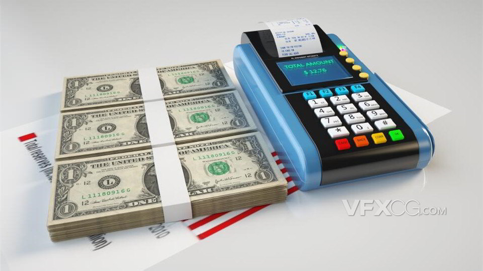 C4D制作金融投资结算pos机金钱钞票3D模型