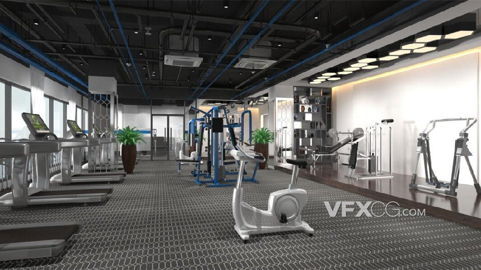 3dsMAX制作室内健身房运动器材场景模型