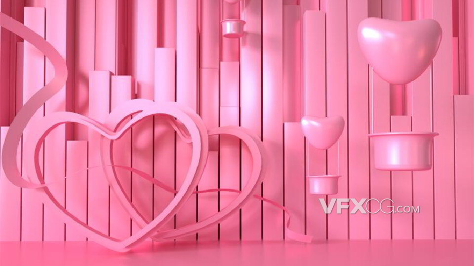 C4D制作粉色爱心气球浪漫情人节背景模型
