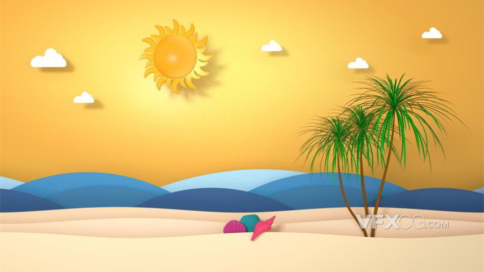 C4D制作清新夏日3D卡通插画沙滩海浪背景模型