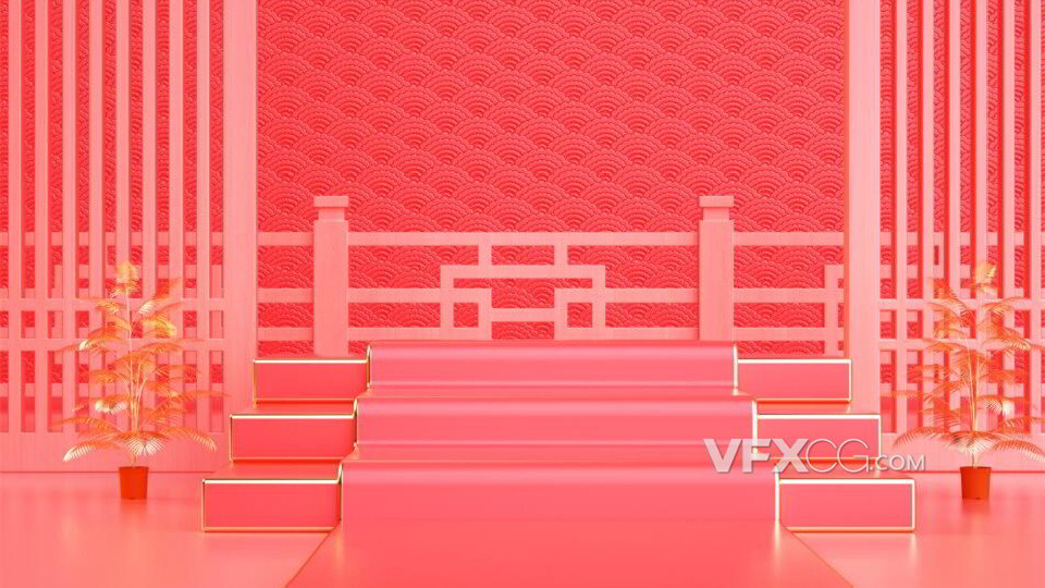 C4D制作创意中国风奢华红毯阶梯展台模型