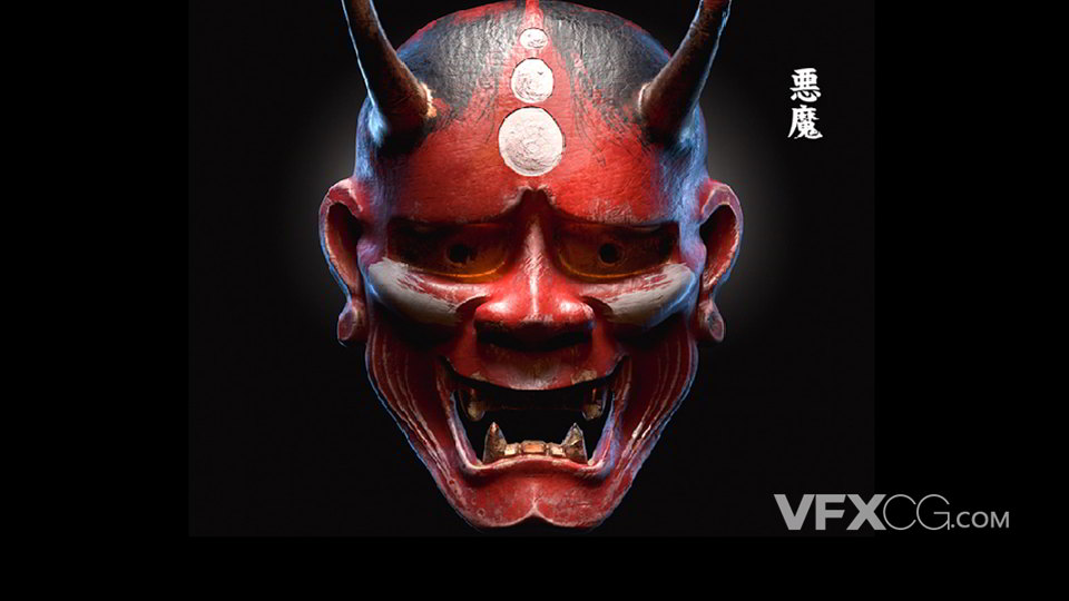 C4D制作红脸日本鬼怪恶魔3D面具模型