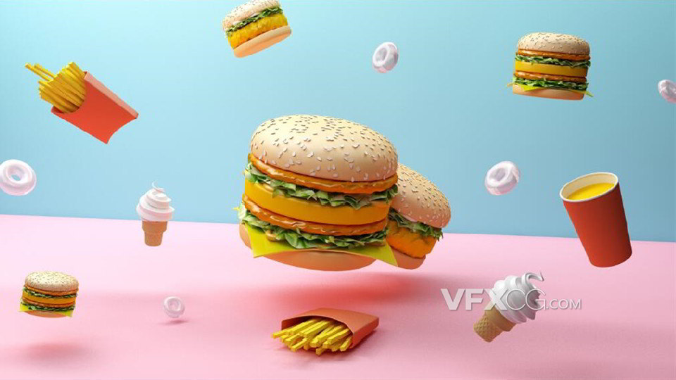 3dsMAX制作快餐饮食汉堡包薯条冰淇淋场景模型