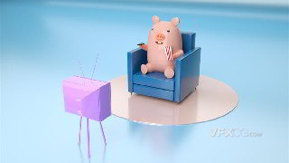 C4D制作卡通角色快乐小猪看电视场景模型