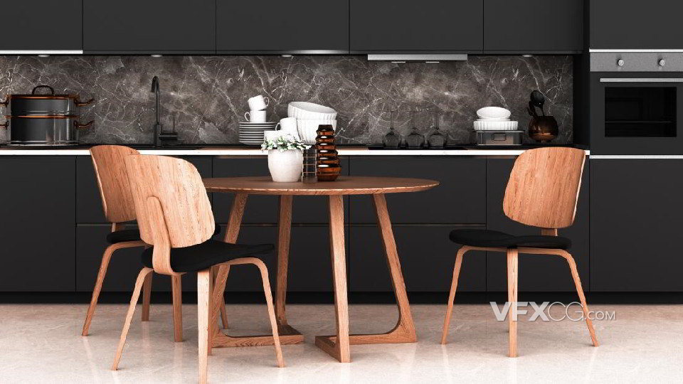 3dsMAX制作现代欧式厨房木制桌椅场景模型