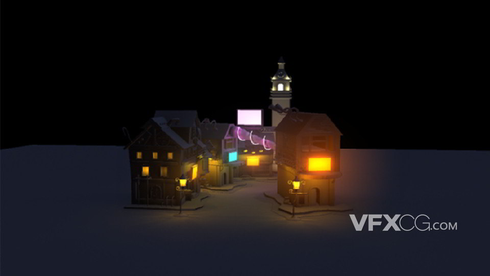 三维建模3D童话小城镇灯火通明场景模型