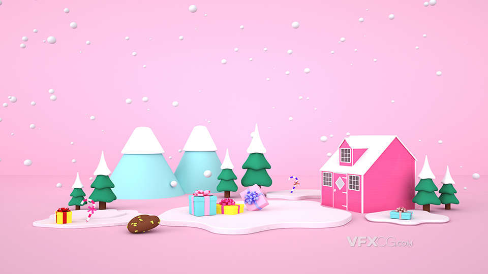 浪漫粉红色圣诞节2021卡通童话故事雪地房屋C4D工程