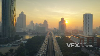 4K 清晨城市车辆穿梭航拍视频