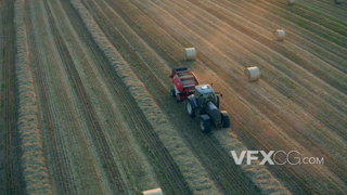 4K农牧卷草机在农场里工作的航拍实拍视频