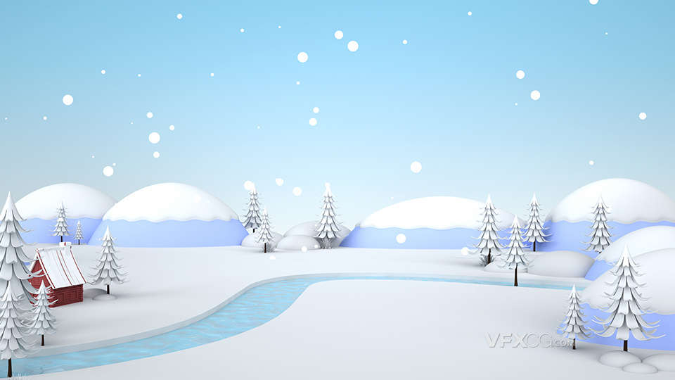 C4D三维户外雪地3d冬天河道场景模型