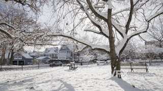 冬天暴雪后被冰雪覆盖的房屋和大地的实拍视频